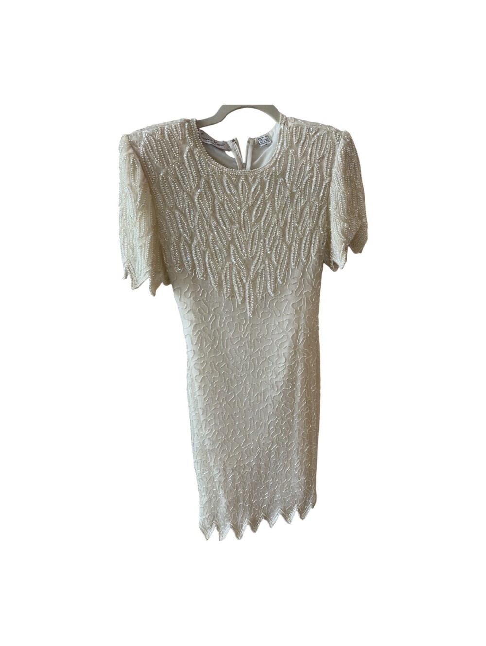 Vintage Laurence Kazar New York Ivory Silk Beaded Cocktail Dress Women's M